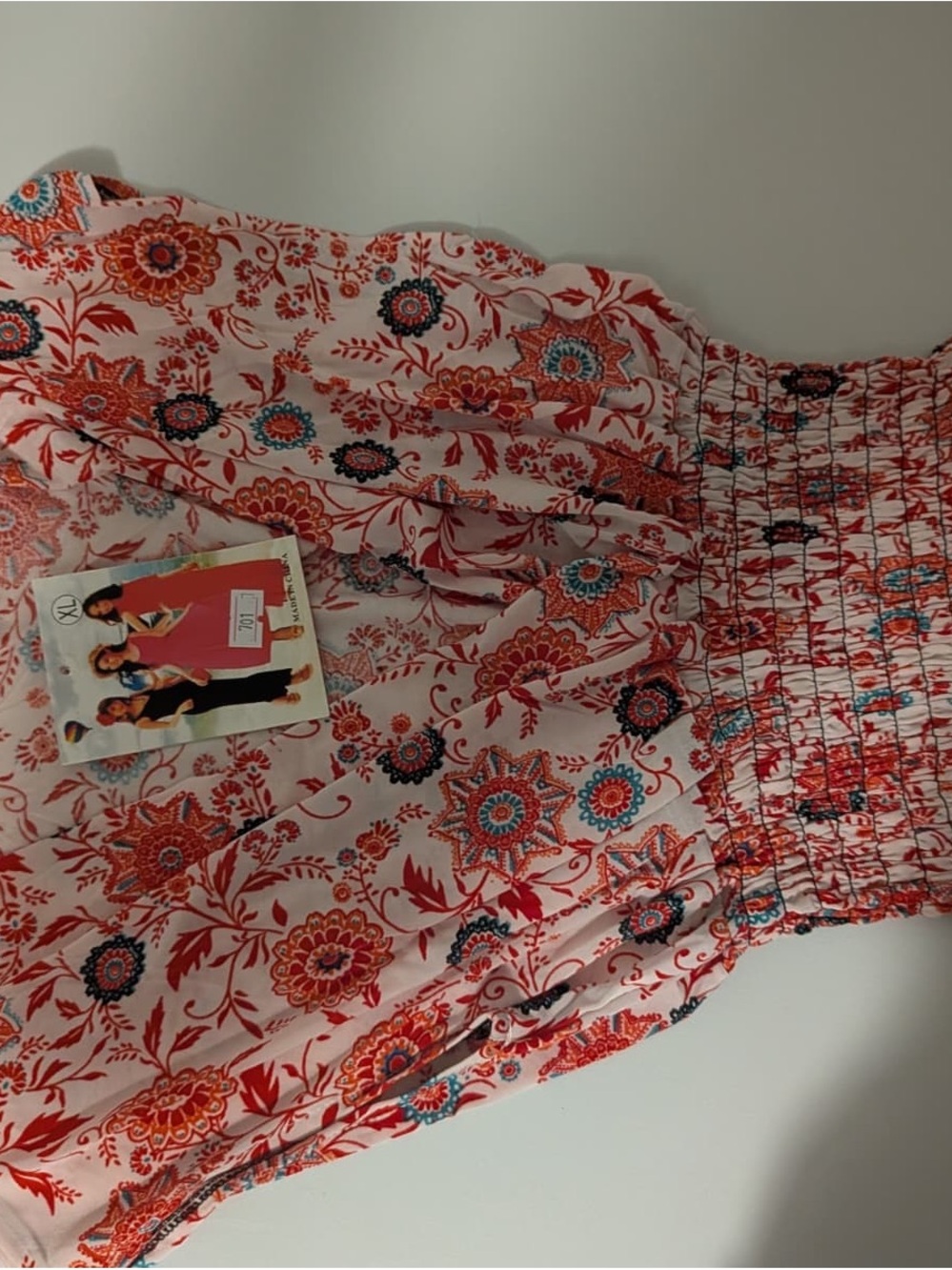 Smocked Pink Floral Casual Dress with Red & Blue Accents